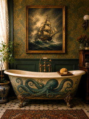 Antique Style Nautical Artwork - Octopus Painted on Bathtub - Bathroom Art