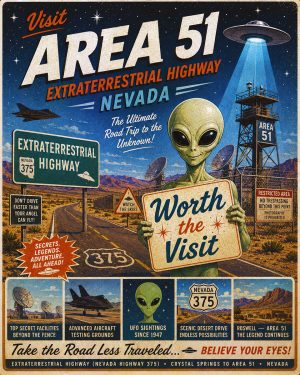 Area 51 Nevada - Mid Century Modern Style Alien Worth The Trip Art Print