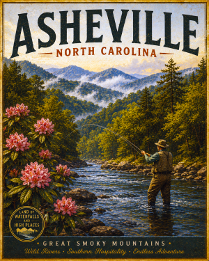 Asheville North Carolina Fishing Art Print - Vintage Lake and Fly Fishing Wall Decor