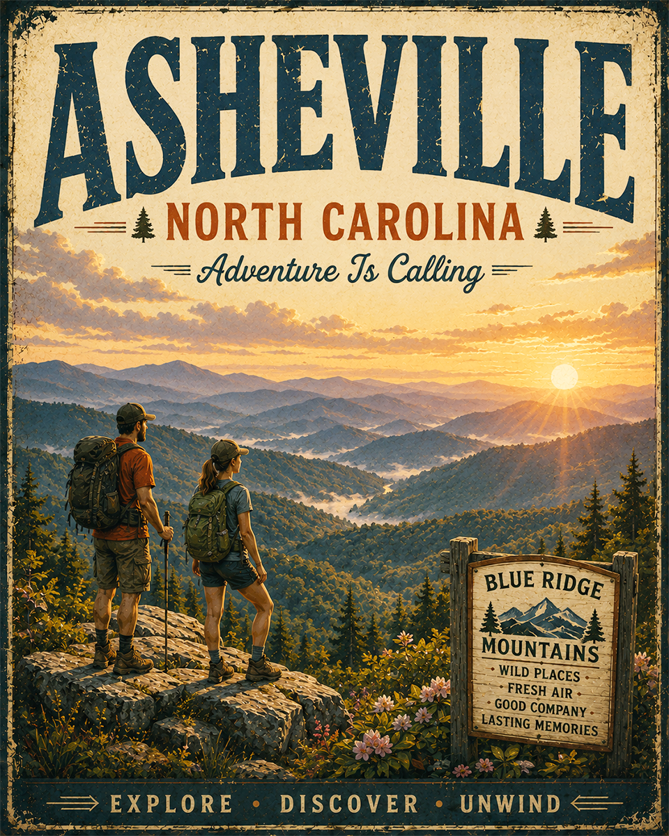 Asheville North Carolina - Adventure Is Calling Art Print - Vintage Travel Poster Mountain Town Wilderness Wall Decor