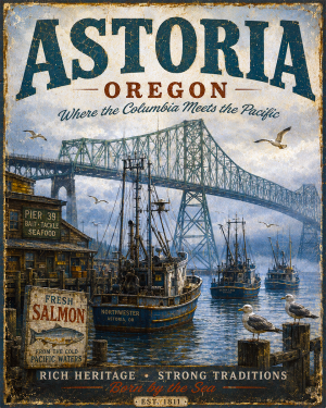 Astoria Oregon Fishing Art Print - Vintage Lake and Fly Fishing Wall Decor