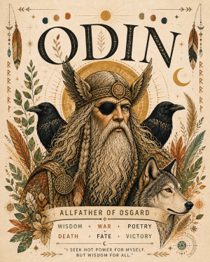BOHO Style - Odin with His Wolf and Ravens - Norse Mythology Art Print