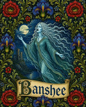 Banshee - Labeled - Art Nouveau Cryptid Artwork
