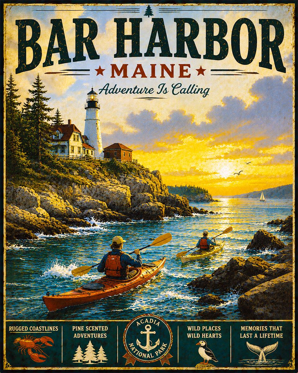 Bar Harbor Maine - Adventure Is Calling Art Print - Vintage Travel Poster Mountain Town Wilderness Wall Decor