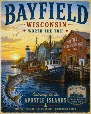 Bayfield Wisconsin Fishing Art Print - Vintage Lake and Fly Fishing Wall Decor