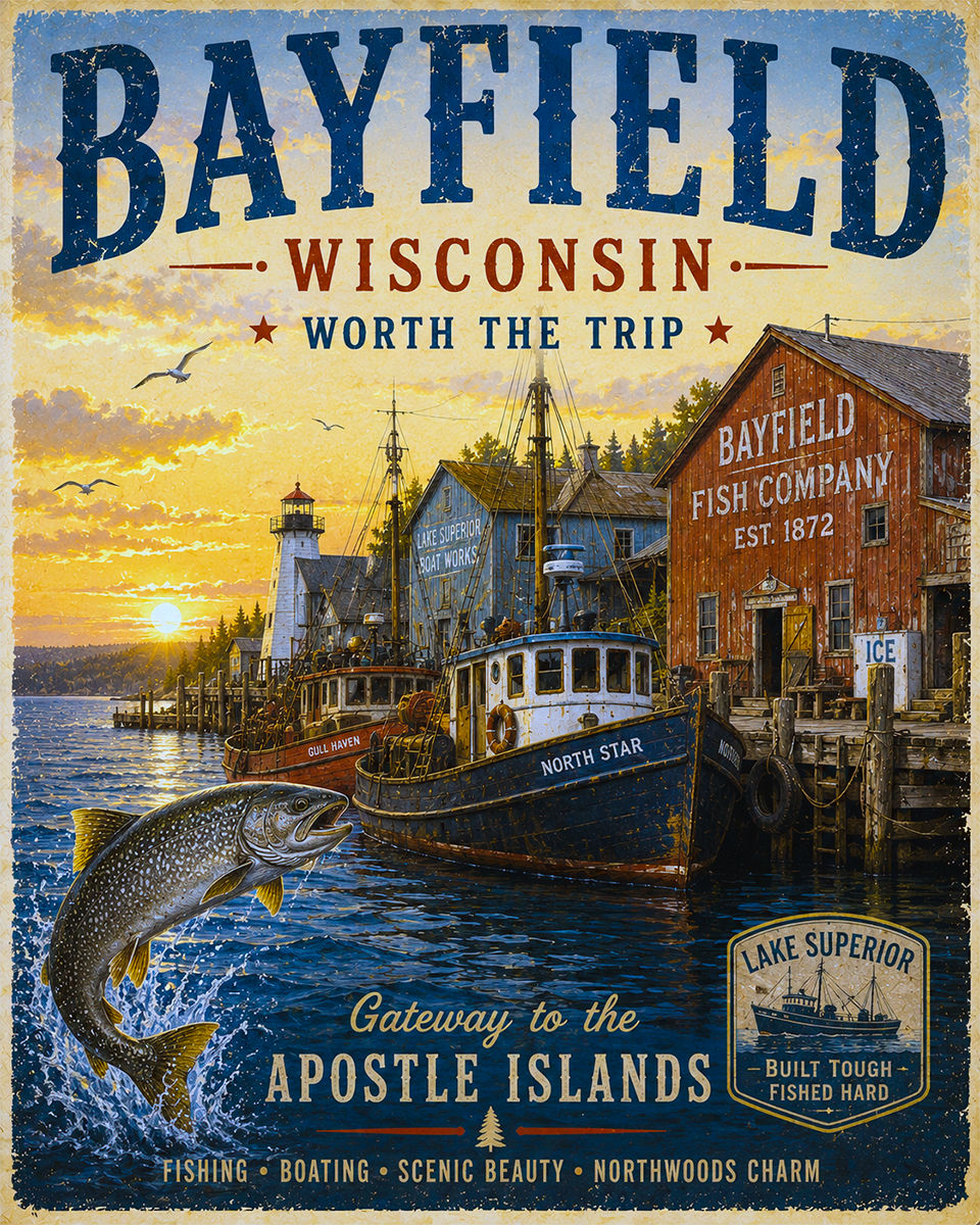 Bayfield Wisconsin Fishing Art Print - Vintage Lake and Fly Fishing Wall Decor