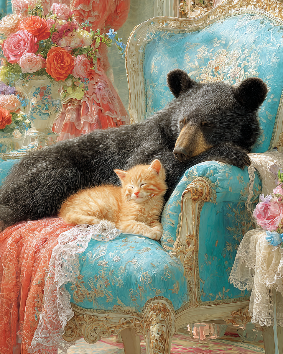Bear Cub and Kitten Sleeping in Parlor Chair - Black Bear Art Print