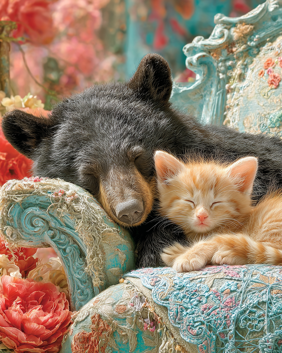Bear Cub and Kitten Taking an Afternoon Nap - Black Bear Art Print