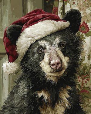 Bear Cub in Santa Hat - Christmas Art Prints
