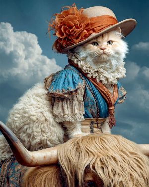 Belle on a Highland Cow - Cats in Hats Art Print