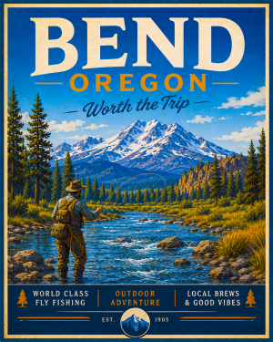 Bend Oregon Fishing Art Print - Vintage Lake and Fly Fishing Wall Decor