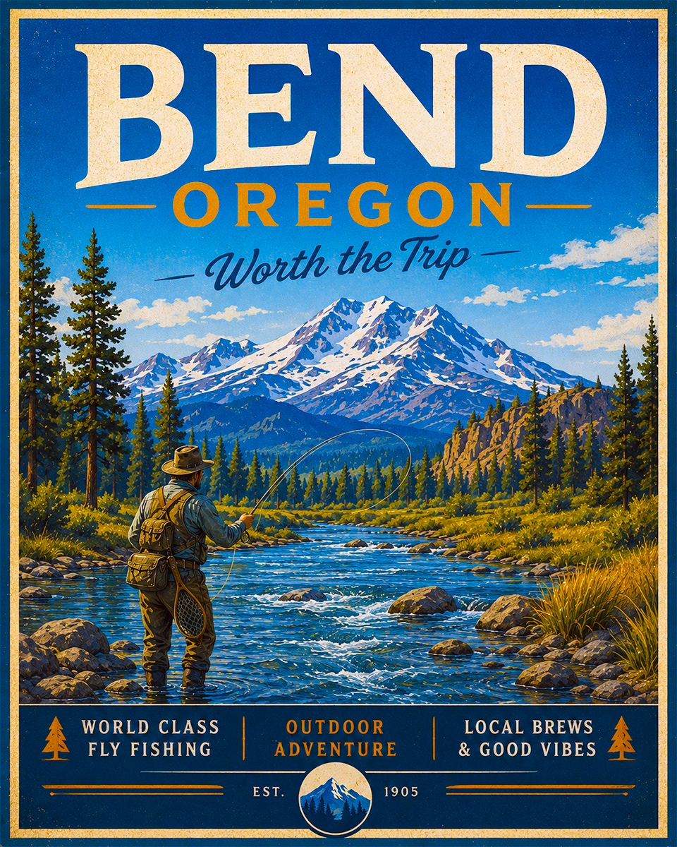 Bend Oregon Fishing Art Print - Vintage Lake and Fly Fishing Wall Decor
