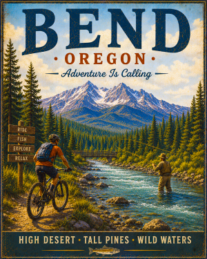 Bend Oregon - Adventure Is Calling Art Print - Vintage Travel Poster Mountain Town Wilderness Wall Decor