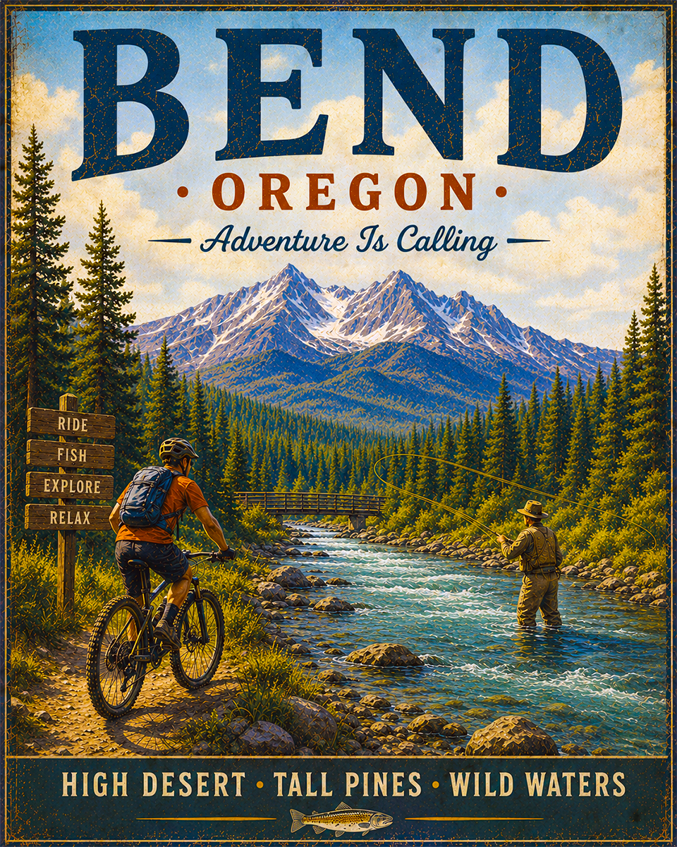 Bend Oregon - Adventure Is Calling Art Print - Vintage Travel Poster Mountain Town Wilderness Wall Decor