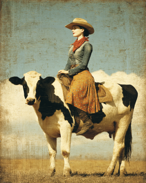Betsy Riding Bessie - Cow Art Print