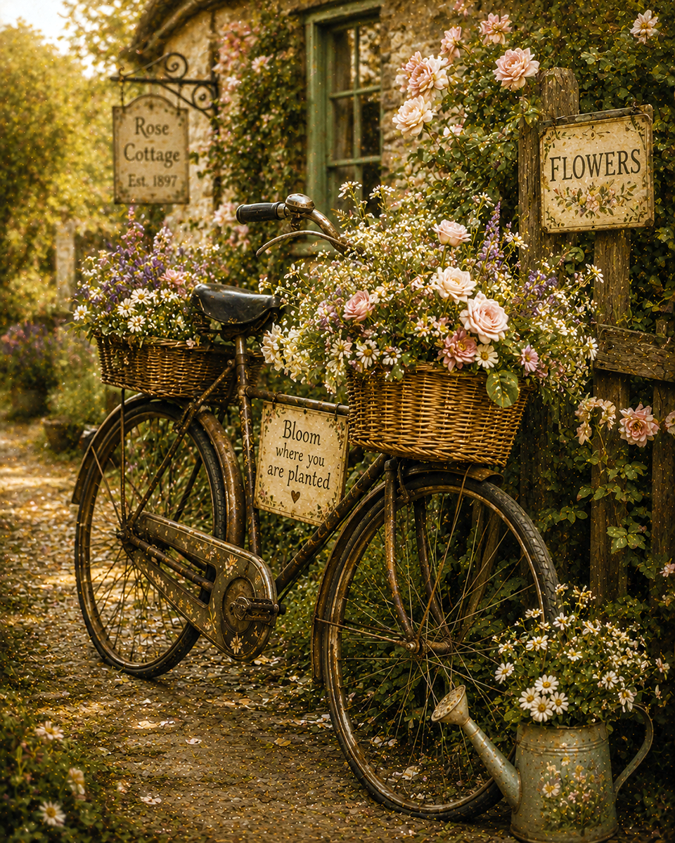 Bicycle Basket Full of Wildflowers - Cottagecore Home Decor