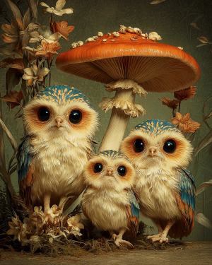 Big Eyed Owls Under an Amanita - Mushroom Home Decor
