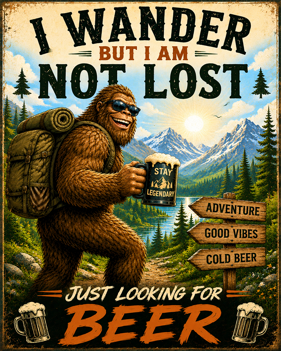 Bigfoot Art - I Wander - For Beer - Vintage Style