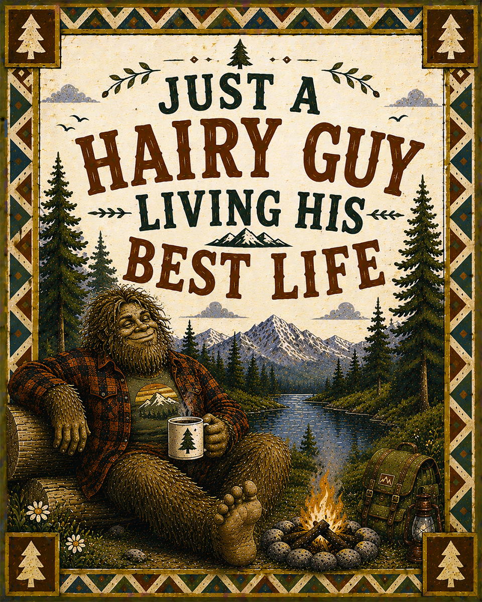 Bigfoot Art - Just a Hairy Guy Living His Best Life - Folk Style