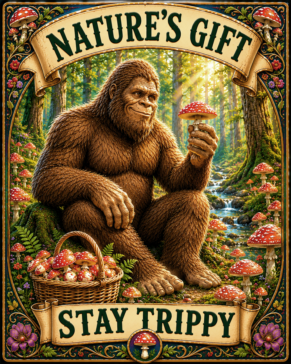 Bigfoot Art - Nature's Gift - Amanita Mushrooms - Stay Trippy