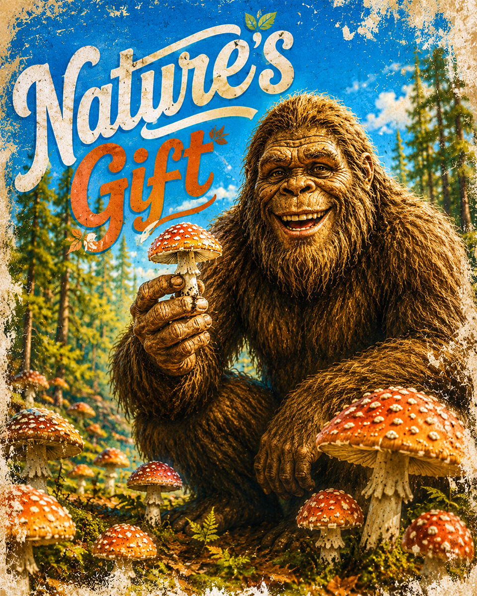 Bigfoot Art - Nature's Gift - Vintage Amanita Mushroom