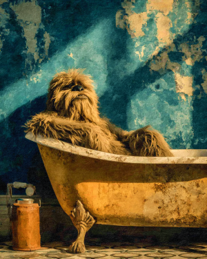 Bigfoot Artwork - Relaxing in Bathtub - Bathroom Art