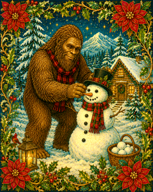 Bigfoot Building a Snowman - Christmas Art Print