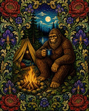Bigfoot Camping - Art Nouveau Cryptid Artwork