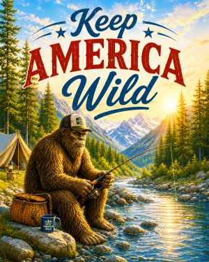Bigfoot Fishing - Keep America Wild Art Print - Americana Nature Artwork