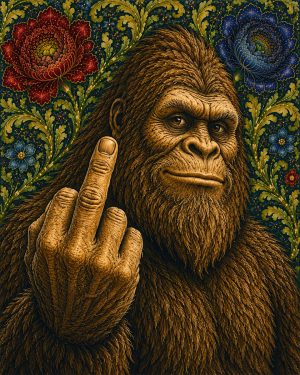 Bigfoot Giving the Finger - Art Nouveau Cryptid Artwork