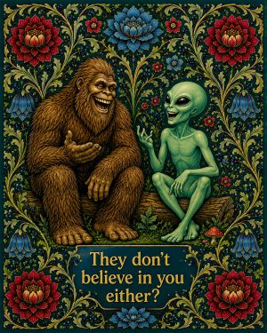 Bigfoot and Alien Believe - Art Nouveau Cryptid Artwork