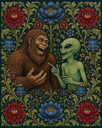 Bigfoot and Alien Laughing - Art Nouveau Cryptid Artwork