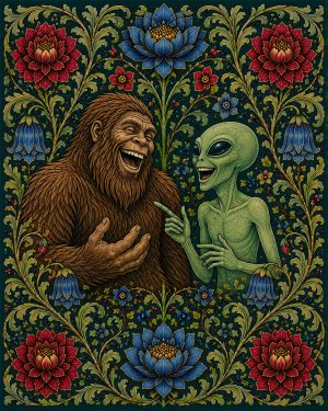 Bigfoot and Alien Laughing - Art Nouveau Cryptid Artwork