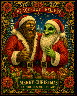 Bigfoot and Alien as Santa Claus - Christmas Art Print
