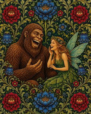 Bigfoot and Fairy Laughing - Art Nouveau Cryptid Artwork