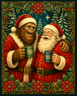 Bigfoot with Santa Claus - Christmas Art Print