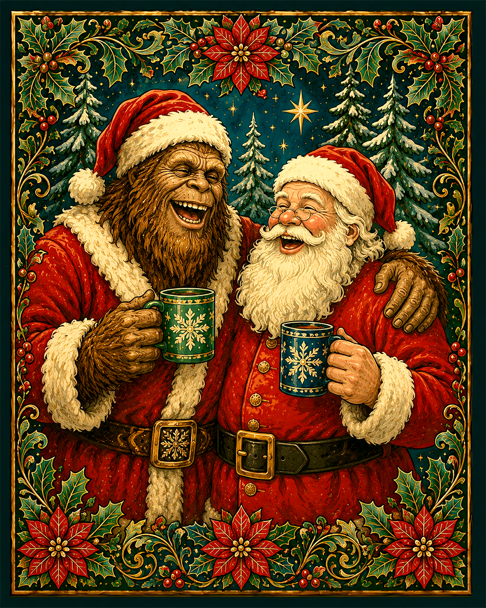 Bigfoot with Santa Claus - Christmas Art Print