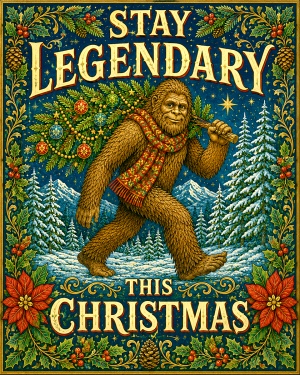Bigfoot with XoMas Tree - Stay Legendary - Christmas Art Print