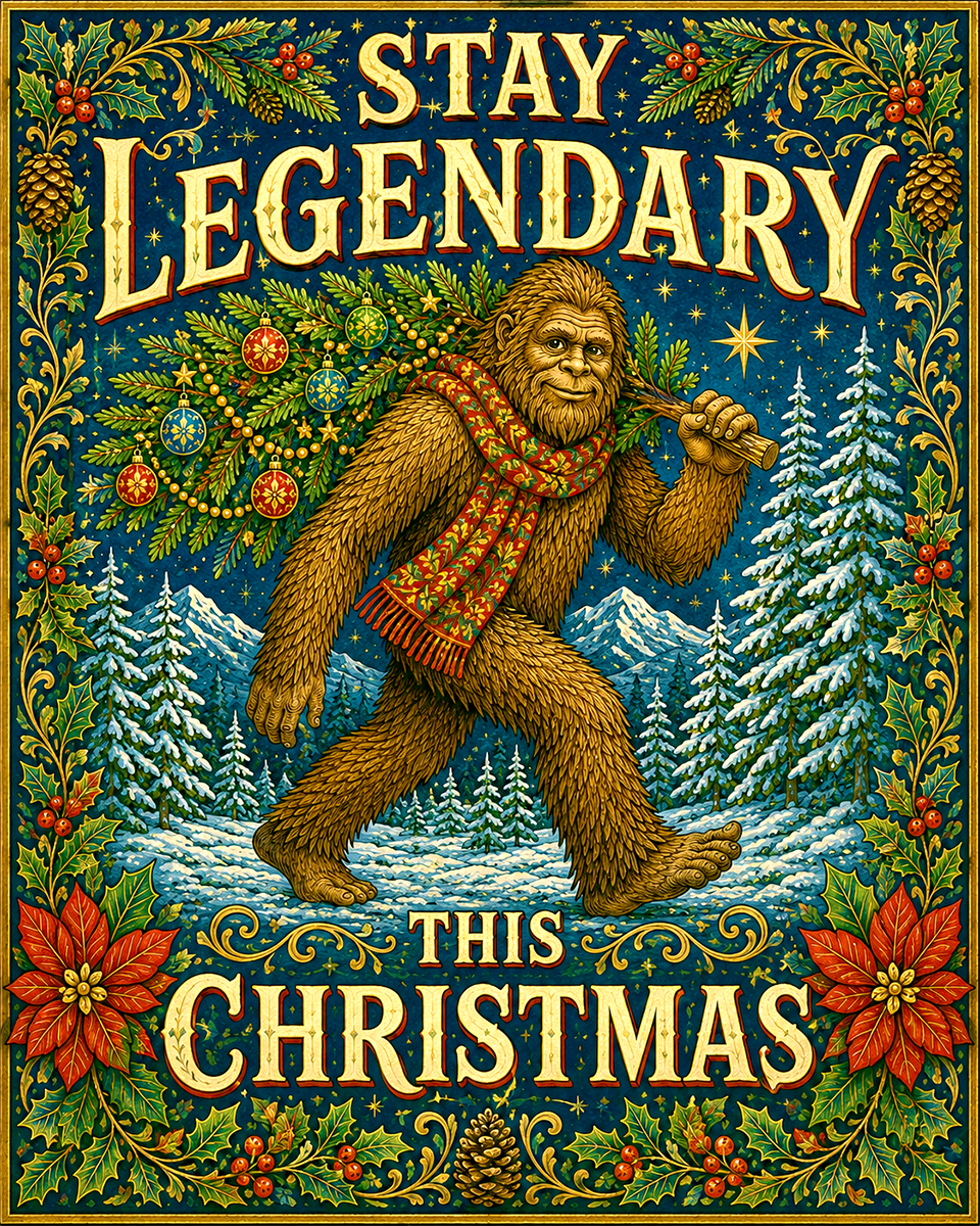 Bigfoot with XoMas Tree - Stay Legendary - Christmas Art Print