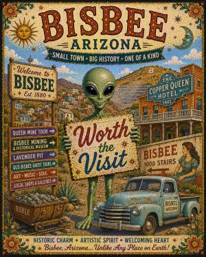 Bisbee Arizona - Folk Art Style Alien Worth The Trip Art Print