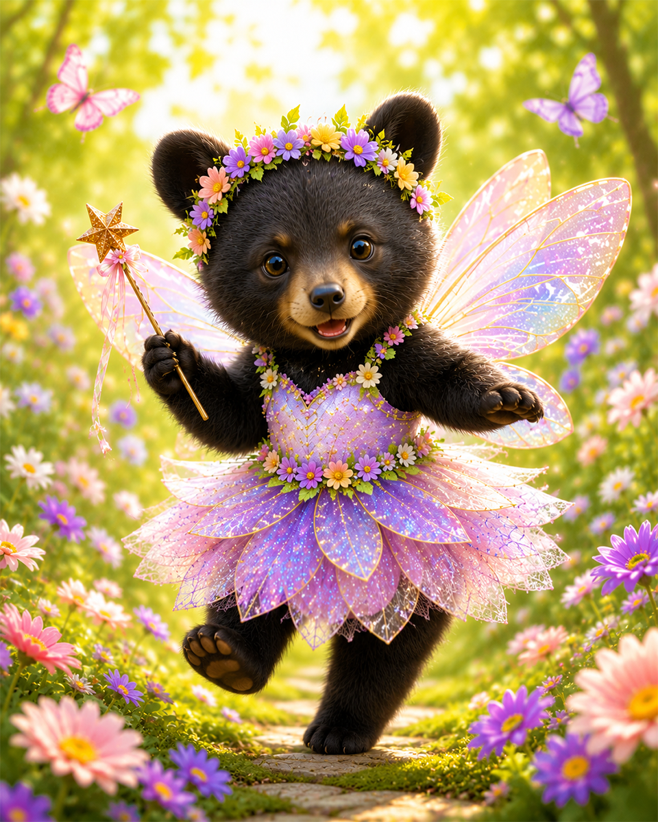 Black Bear Cub Fairy - Animal Fairies - Children's Fantasy Artwork