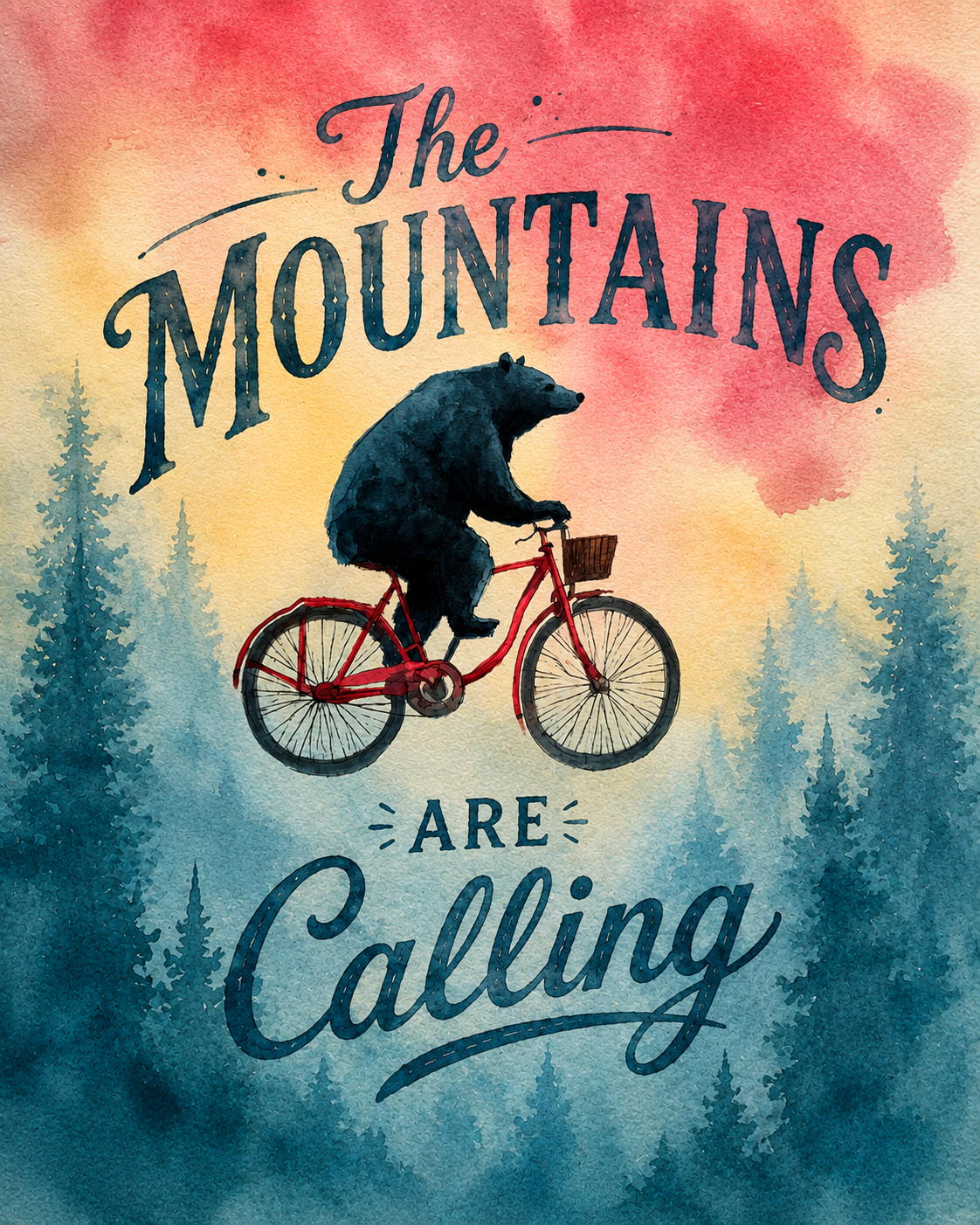 Black Bear Flying on Bicycle - The Mountains are Calling Art Print