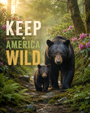 Black Bear With Cub - Keep America Wild Art Print - Americana Nature Artwork