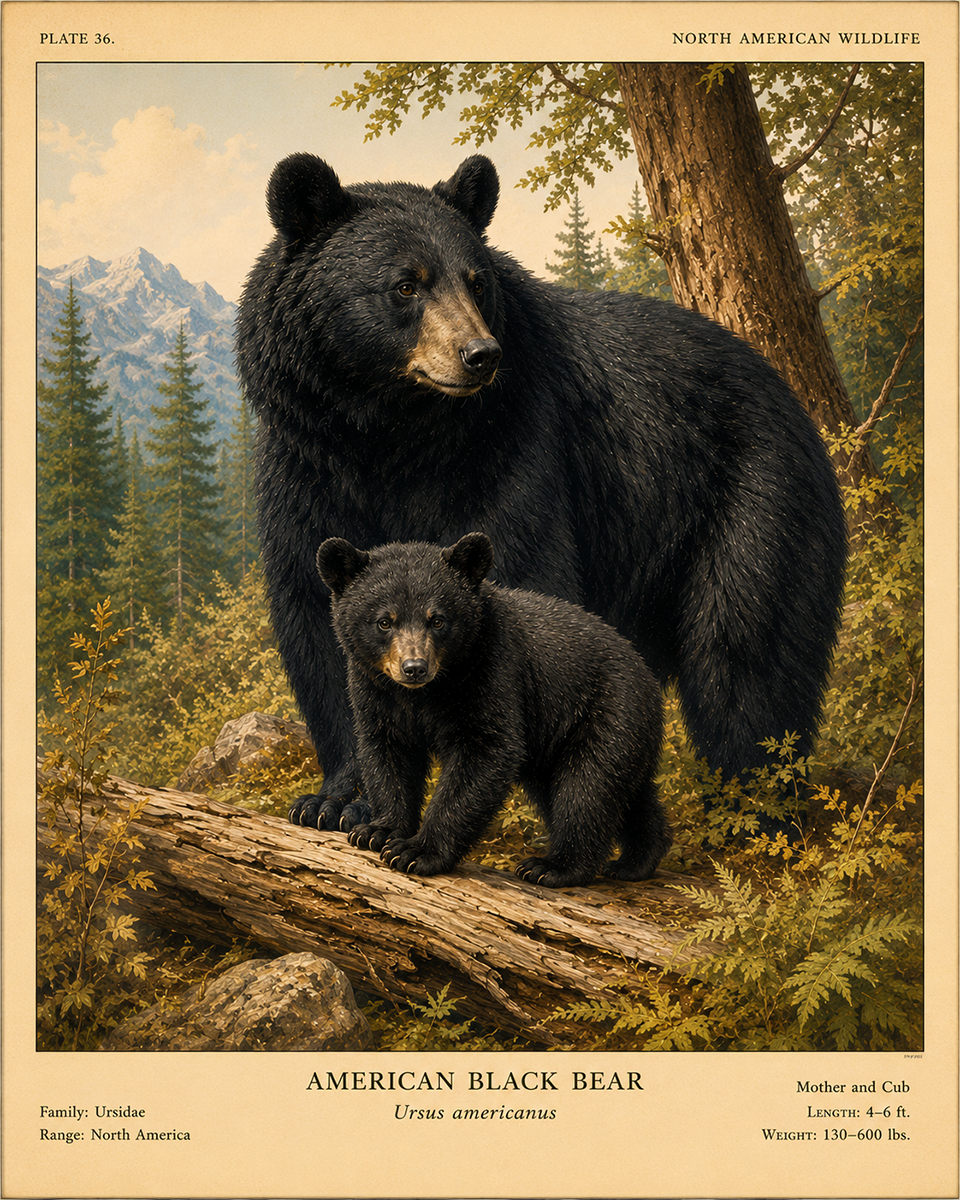 Black Bear and Cub - Vintage Wildlife Art - Antique Nature Illustration