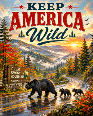 Black Bear and Cubs Crossing Road - Keep America Wild Art Print - Americana Nature Artwork