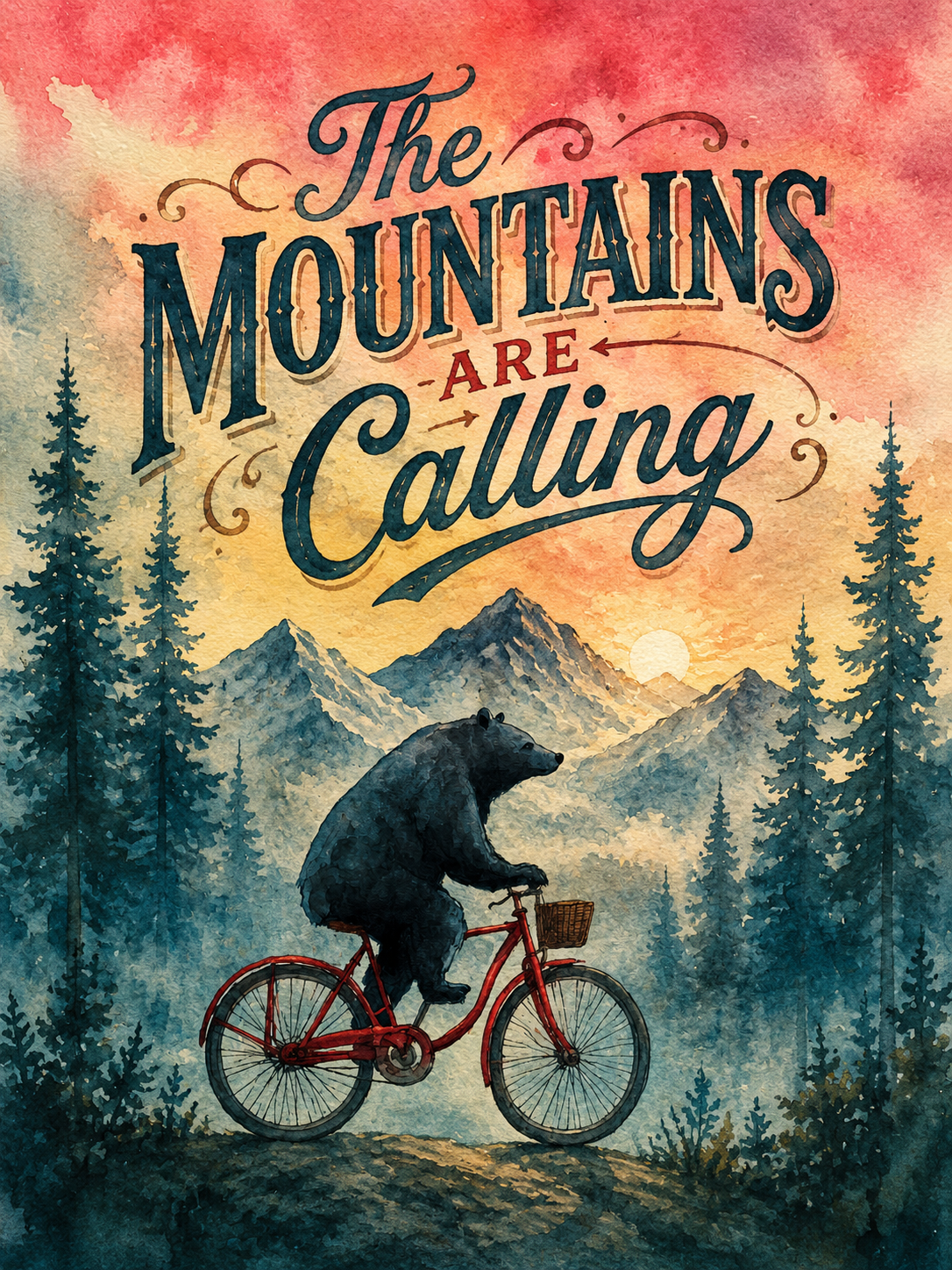 Black Bear on Bicycle - The Mountains are Calling Art Print