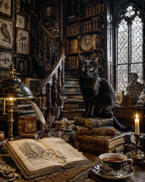 Black Cat in Study - Dark Academia Art Print