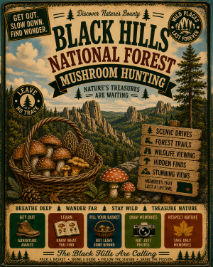 Black Hills National Forest - Vintage Retro Mushroom Hunting Poster Art Print