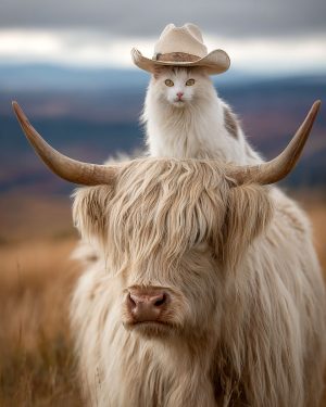 Blanca on a Highland Cow - Cats in Hats Art Print