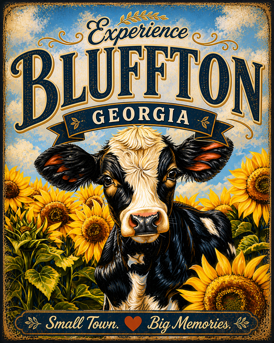 Bluffton Georgia - Sunflowers Cow Agri-Tourism Art Print